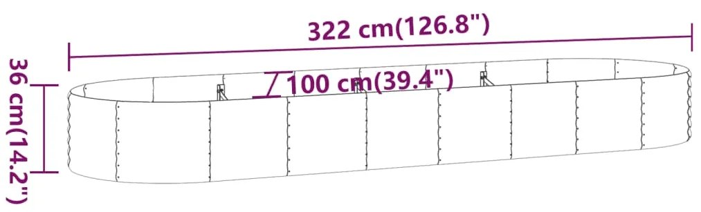 Canteiro elevado jardim 322x100x36 aço revestido a pó cinzento