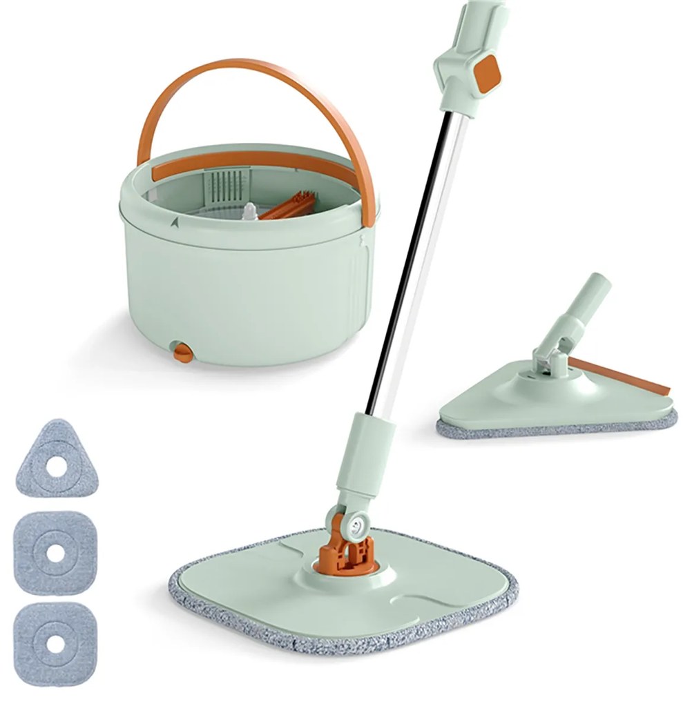 Conjunto de esfregona e balde com escorredor para pisos lisos com 8 panos de microfibra laváveis, esfregona para limpar paredes, mãos livres, verde