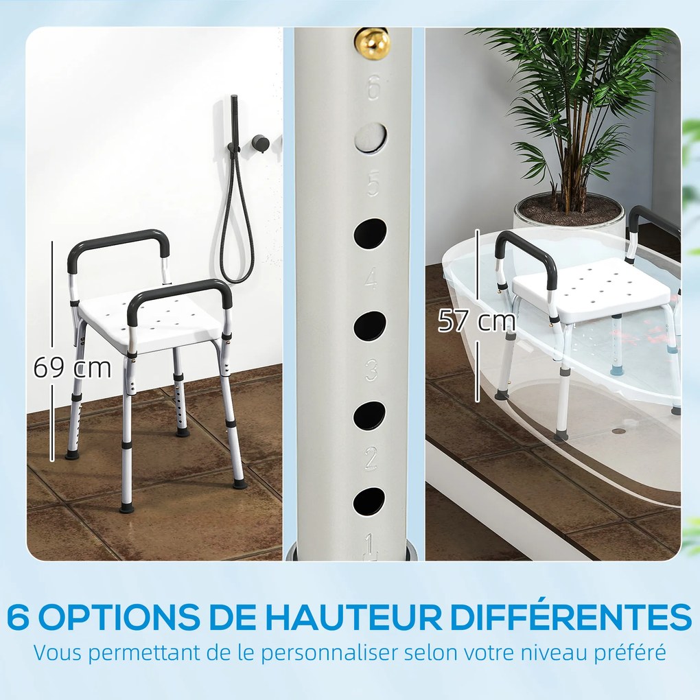 Banco de duche para idosos e pessoas com deficiência 52 (L) x 45 (P) x 57-69 (A) cm, com apoios de braços, altura ajustável, patins antiderrapantes, b