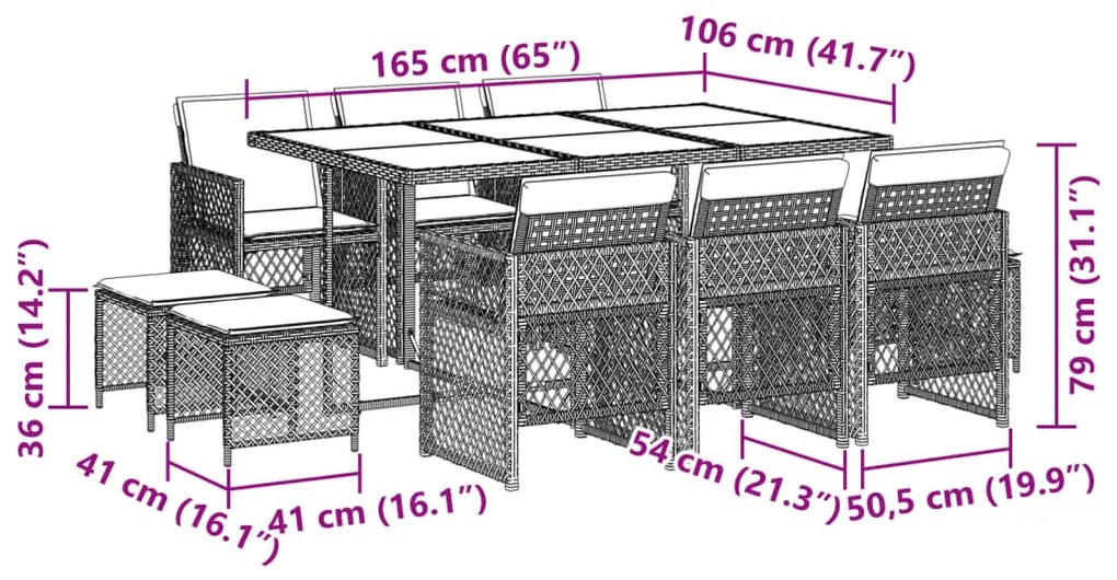 11 pcs conjunto de jantar p/ jardim com almofadões vime PE bege