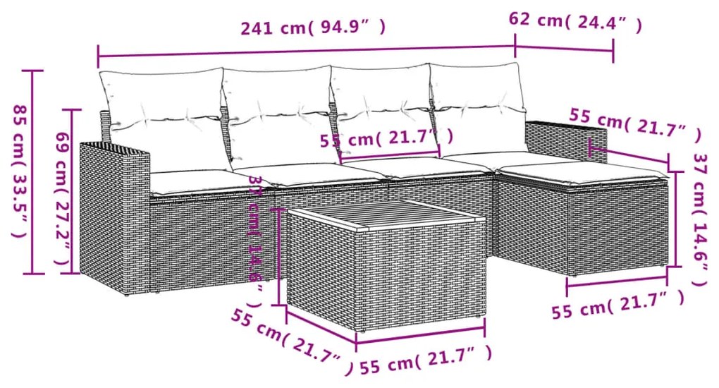6 pcs conjunto de sofás p/ jardim com almofadões vime PE bege