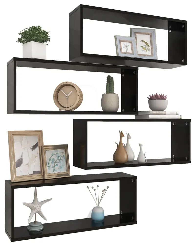 Prateleiras parede forma de cubo 4 pcs derivados madeira preto
