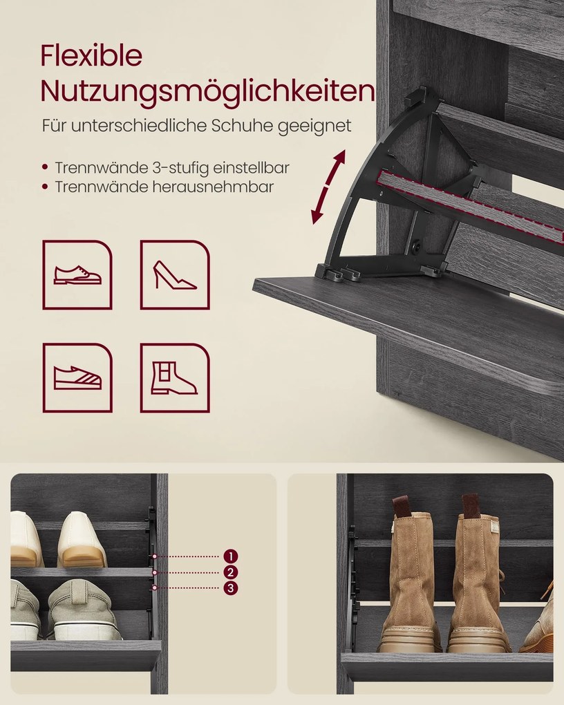 Sapateira com 2 portas e compartimento aberto 24 x 80 x 102 cm, cinzenta