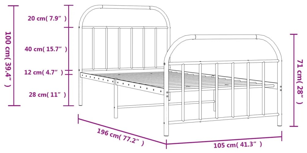 Estrutura de cama com cabeceira e pés 100x190 cm metal branco