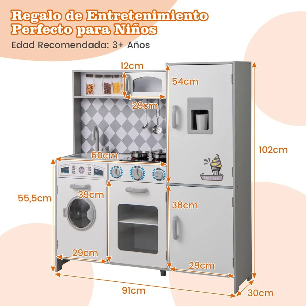Cozinha Brincar para crianças com mais de 3 anos, em madeira, com máquina de gelo, fogão, máquina de lavar roupa, forno micro-ondas, sons e luzes reai
