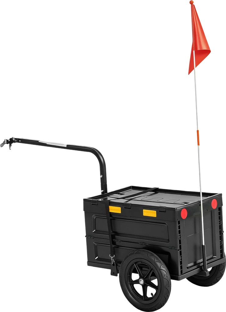 Reboque para bicicleta de carga 145 x 51,5 x 72 cm, carrinho de transporte dobrável, caixa de plástico de 65 L, tampa de abertura rápida, preto
