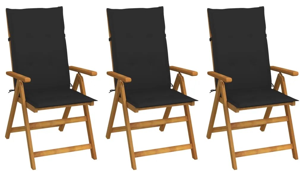 vidaXL Cadeiras de jardim dobráveis c/ almofadões 3 pcs acácia maciça