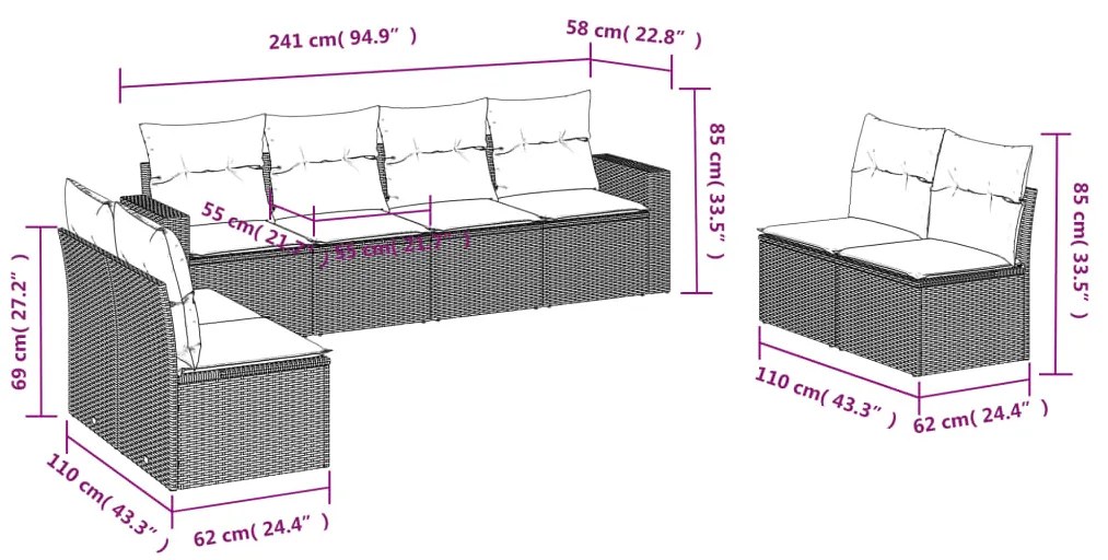 8 pcs conjunto de sofás p/ jardim com almofadões vime PE bege
