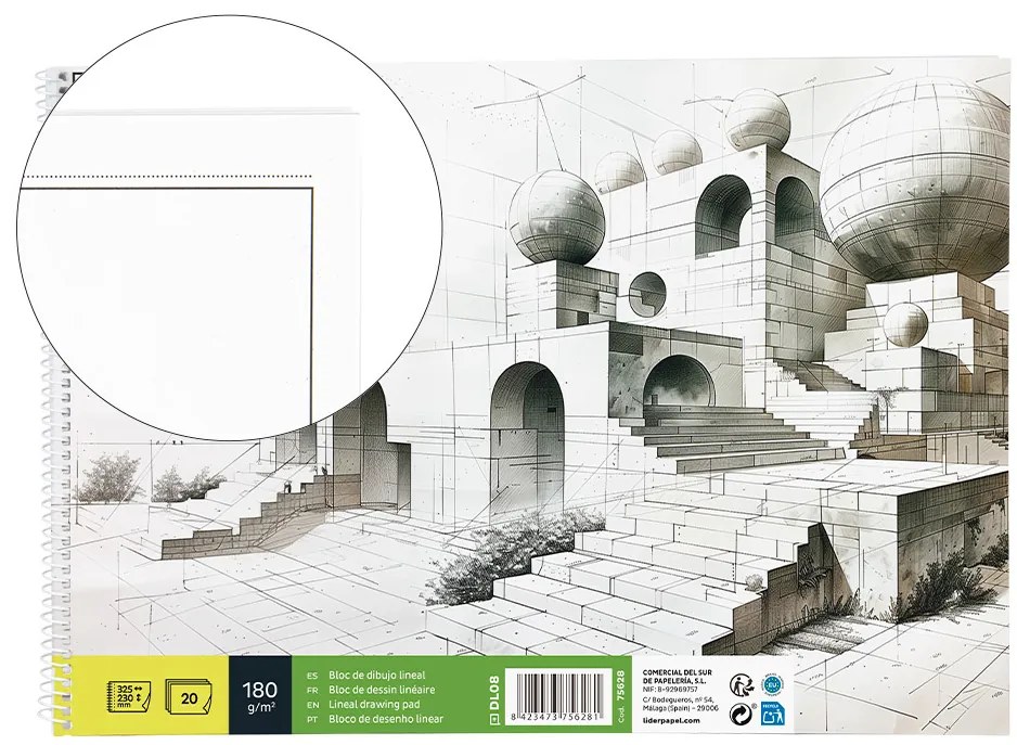 Bloco de Desenho Lineal Espiral 230x325mm 20 Folhas 180 gr com Esquadria