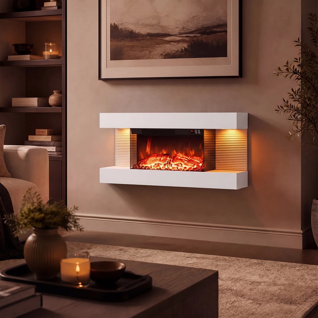 Lareira Elétrica de Parede com Vista por Três Lados, 82 x 20,6 x 41,8 cm, Controlo por Wi-Fi, Branco