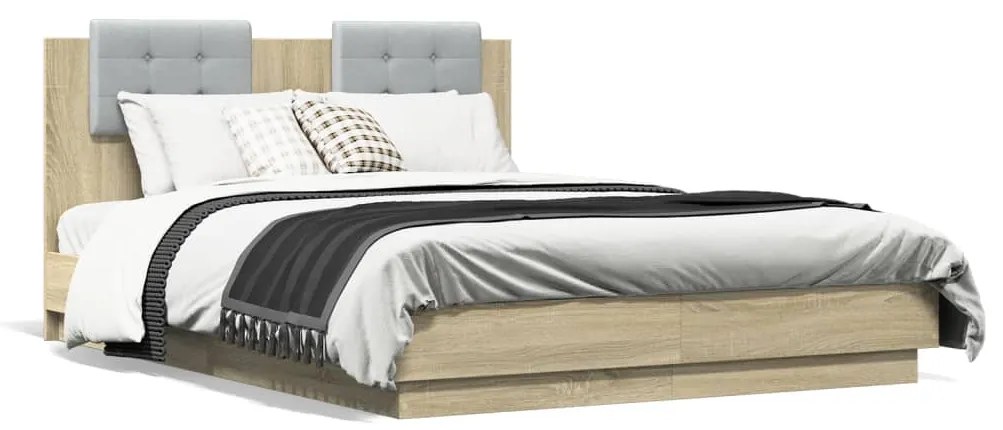 vidaXL Estrutura cama c/ cabeceira/luzes LED 135x190cm carvalho sonoma