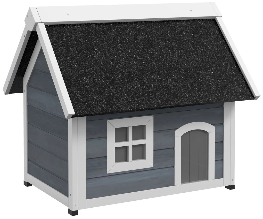 PawHut Casa para Gatos de Madeira com Telhado Asfáltico Rebatível Janela e Portas com Cortina 77x57,5x68 cm Cinzento e Preto | Aosom Portugal