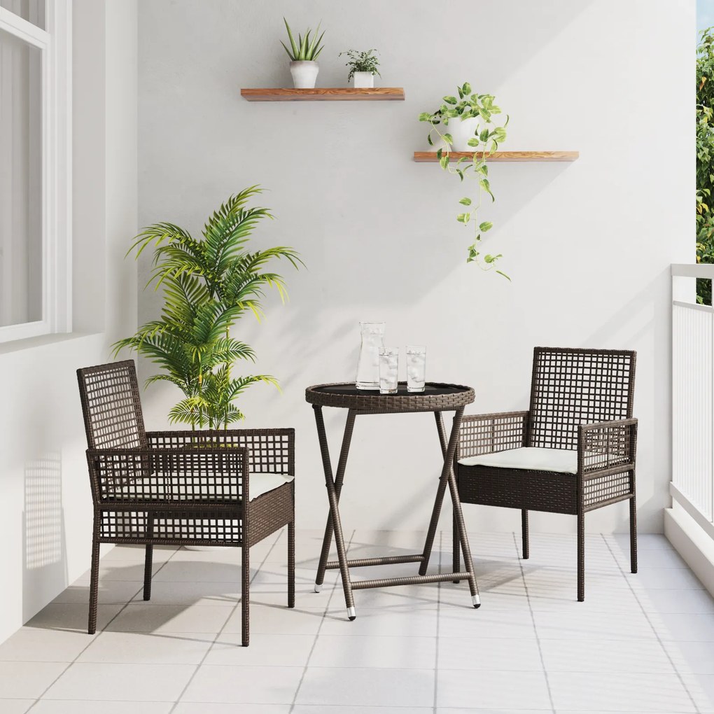 Conjunto de Bistro de Jardim 3 Peças com Almofadas Castanho em Rattan