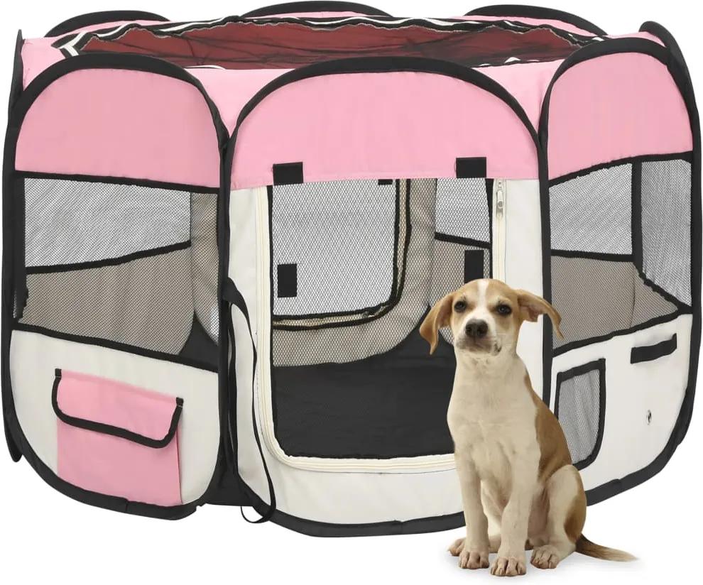 Parque dobrável p/ cão c/ saco de transporte 90x90x58 cm rosa