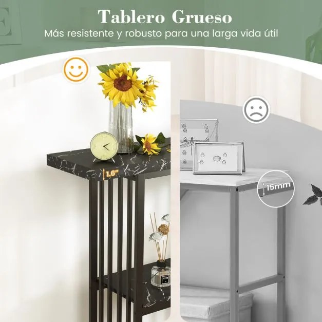 Mesa Consola de 2 Níveis Estreita em Imitação de Mármore com Estrutura em Aço 120 x 29,5 x 92,5 cm Preta