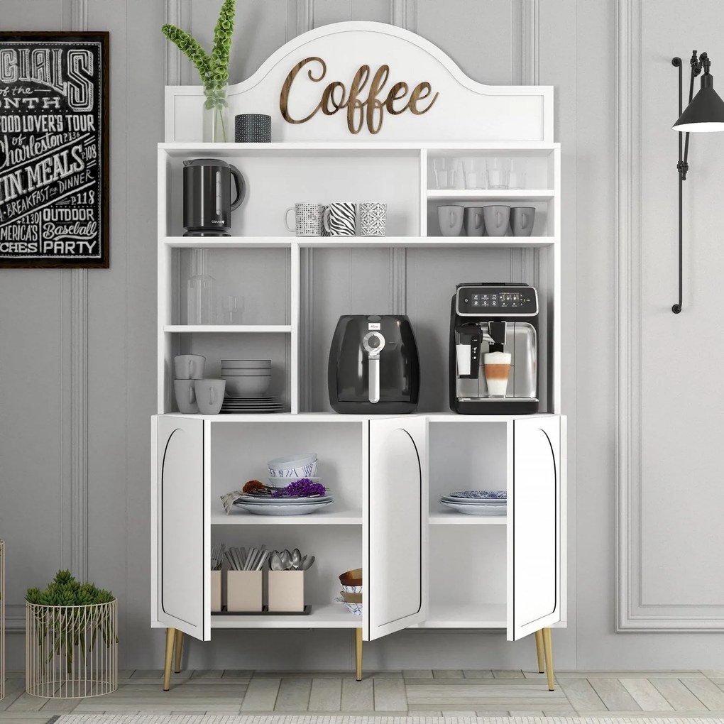 Armário Alto de Cozinha "Coffee" - 200x120x35 cm - Branco e Dourado -