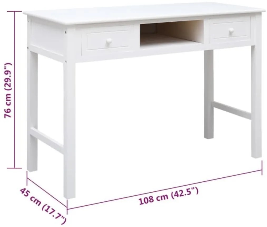Secretária 108x45x76 cm madeira de paulownia maciça branco