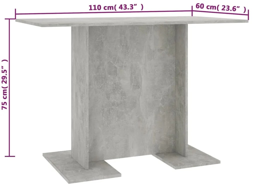 Mesa de jantar 110x60x75 cm derivados madeira cinzento cimento