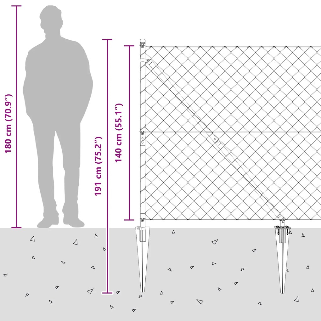 Cerca de Cadeia com 7 Postes de Estaca 1.4x10 m Aço Galvanizado