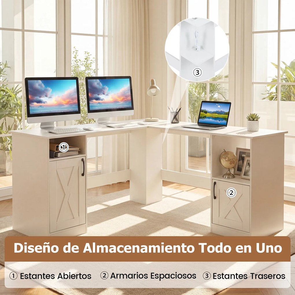 Secretária de canto em L com estação de carregamento 150 x 150 x 76 cm, prateleiras abertas, portas e estante de 2 níveis – para trabalho, jogos e est