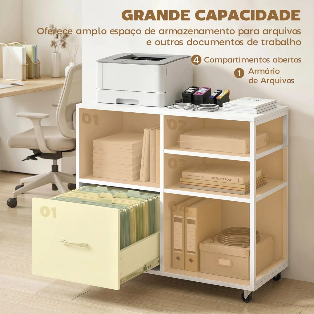 Móvel para Impressora com Rodas Móvel para Escritório com Prateleiras Abertas e Gaveta 80x40x65,5 cm Branco