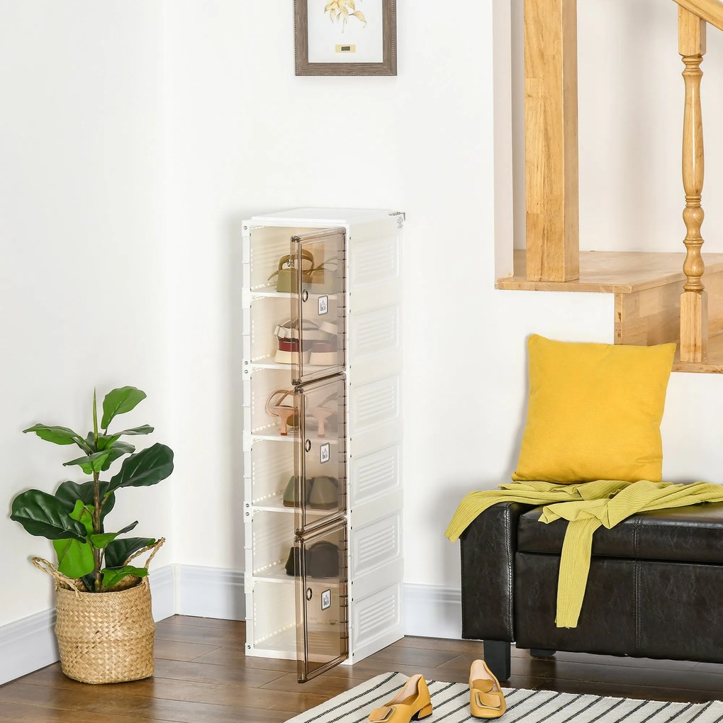 HOMCOM Móvel Sapateiro Dobrável Organizador de Sapatos com 3 Portas Magnéticas 3 Prateleiras para 6 Pares de Sapatos para Entrada Corredor Dormitório 27x34x99cm Branco e Marrom