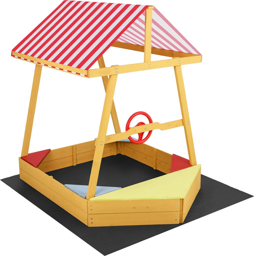 Caixa de areia infantil em madeira de abeto 135 x 103 x 140 cm, em forma de barco, com toldo em poliéster, volante giratório, 4 assentos e tapete, Ver