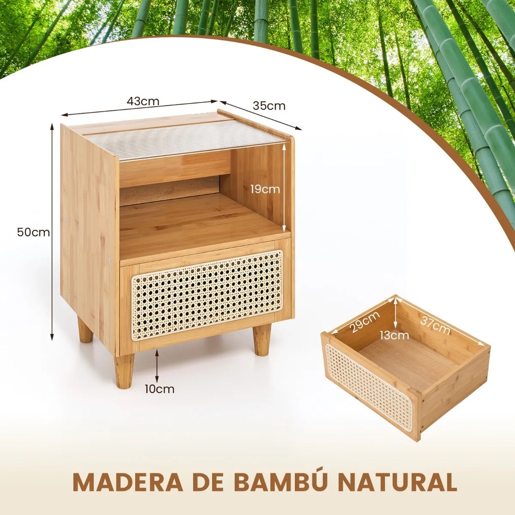 Conjunto 2 Mesas de cabeceira, Mesa apoio em bambu e rattan com gaveta e pés em madeira maciça 43 x 35 x 50 cm Natural