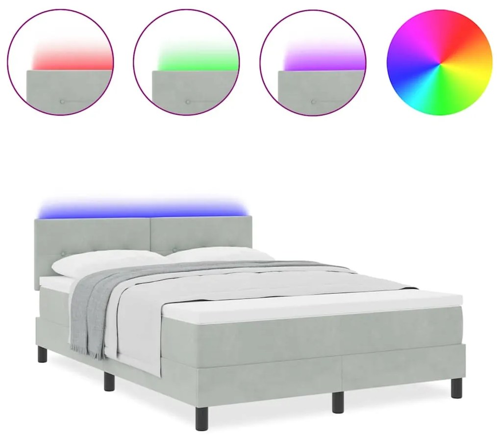 Cama Box Spring com Colchão &amp; Luz LED Cinza Claro 160x200 cm Veludo