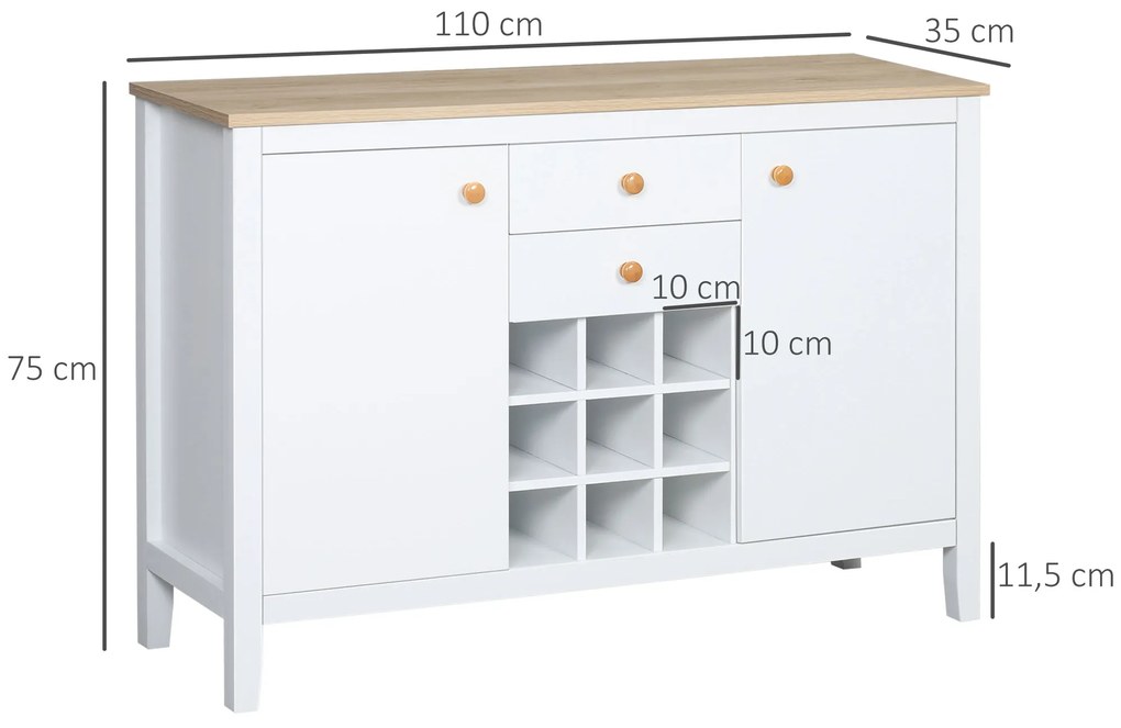 HOMCOM Aparador de Cozinha Moderno com 2 Gavetas 2 Armários com Prateleiras Ajustáveis e Suporte para 9 Garrafas Móvel Auxiliar de Armazenamento para Sala de Jantar Sala de Estar 110x35x75cm Branco