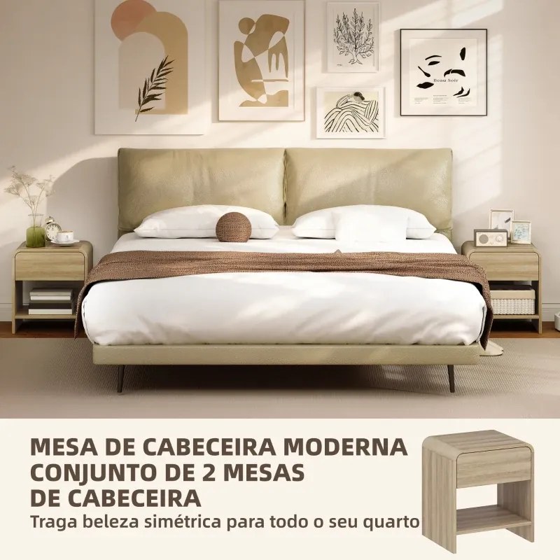 Conjunto de 2 Mesas de Cabeceira ou Mesas Apoio Nórdicas 40x35x45 cm com Cantos Arredondados Gaveta e Prateleira Aberta Madeira