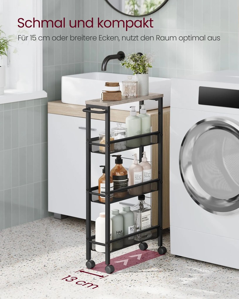 Carrinho cozinha, casa de banho 13 x 45,4 x 77 cm com 4 níveis e pega preto greige-preto