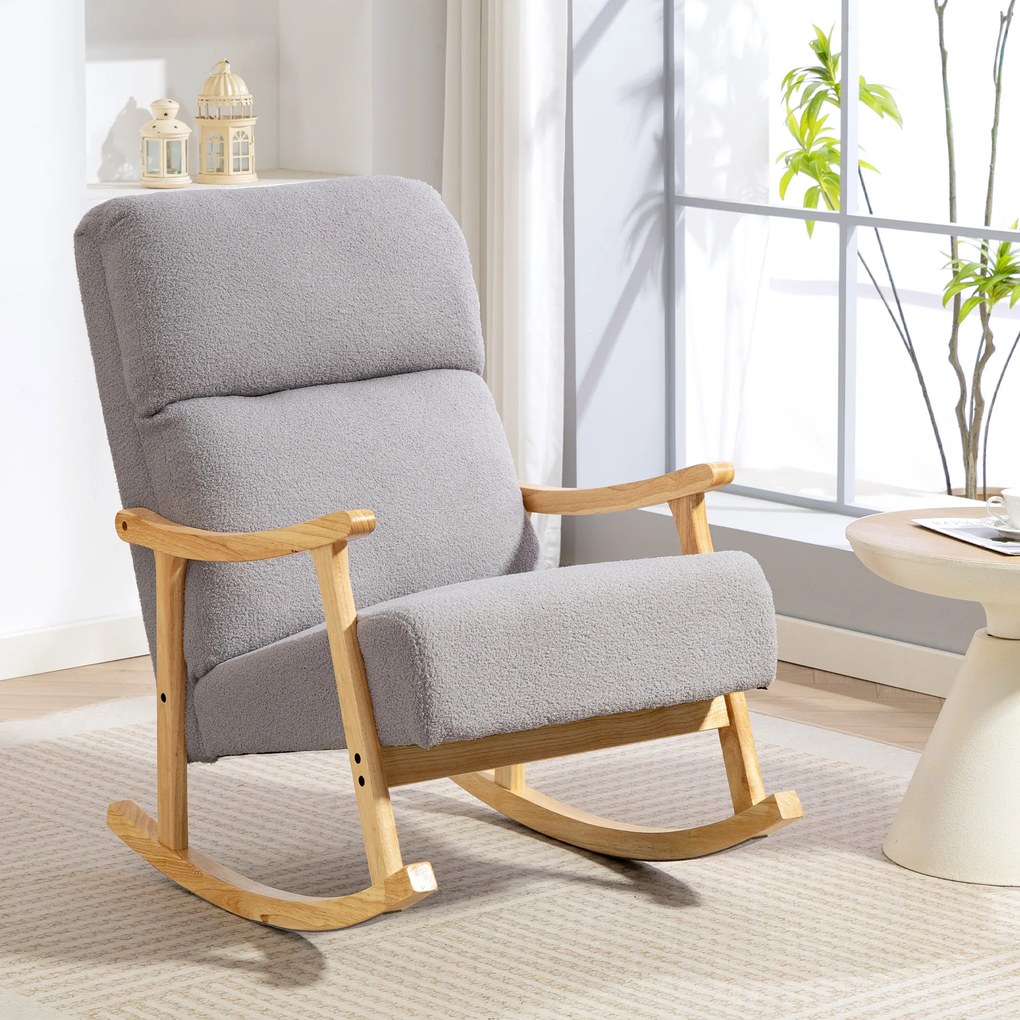 Cadeira Baloiço Moderna em Borrego com Apoio para os Braços de Madeira de Faia Poltrona de Amamentação 65x90x98 cm Cinza