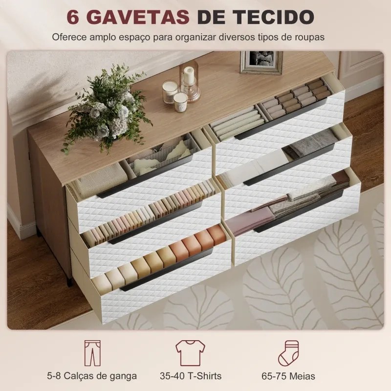 Cómoda com 6 Gavetas de Tecido Frentes com Padrão de Diamante Móvel de Arrumação 117,5x30x73,5 cm Madeira e Branco