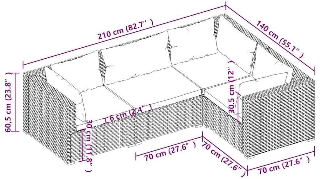 4 pcs conjunto lounge de jardim c/ almofadões vime PE cinzento
