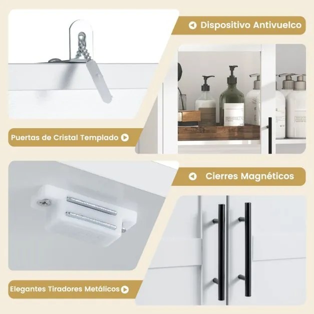 Armário para casa de banho de madeira com portas 70 cm x 30 cm x 168 cm, prateleiras e ganchos para esfregonas branco