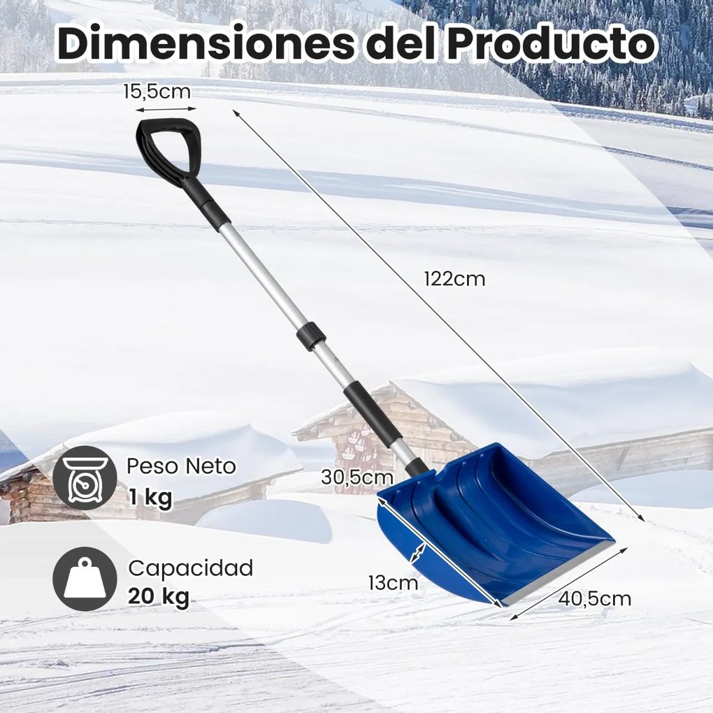 Pá de Neve, 40,5 x 13 x 122 cm, Lâmina Larga com Bordo de Alumínio, Azul