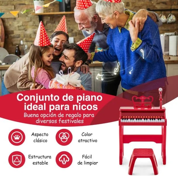 Piano Brincar para crianças de 3 anos Brinquedo eletrónico de piano de 37 teclas com microfone ajustável e suporte de música amovível Vermelho