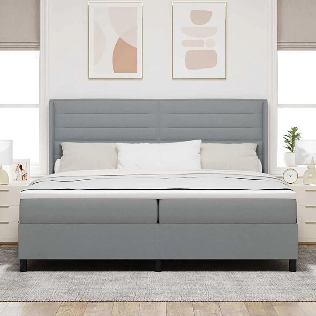 Cama com Estrado e Colchão Cinza Claro 200x200 cm, em tecido.