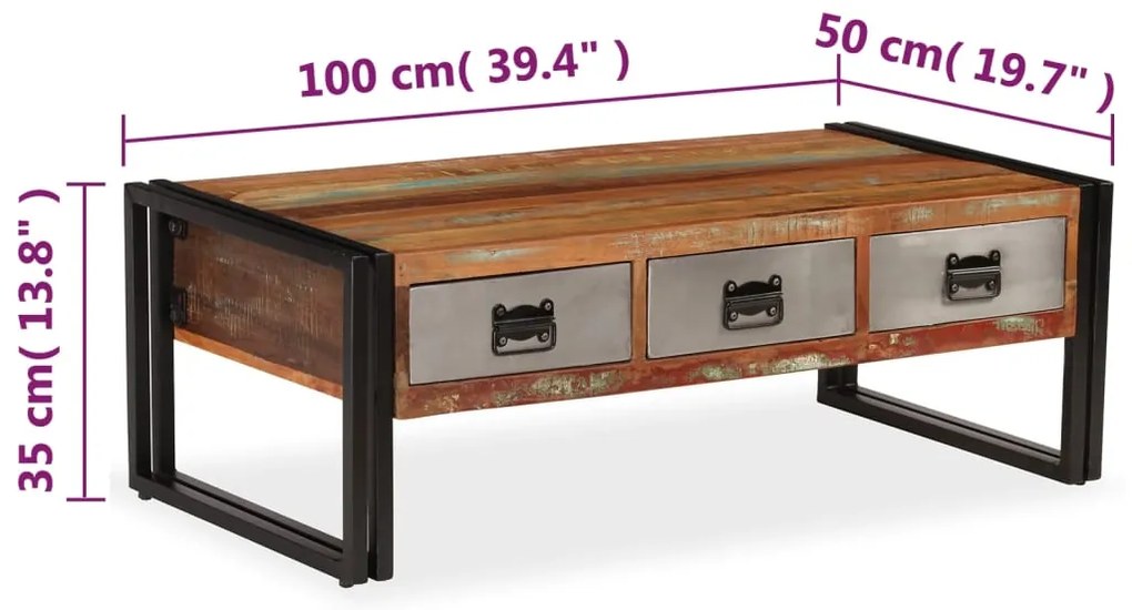 Mesa de centro 3 gavetas madeira recuperada maciça 100x50x35 cm