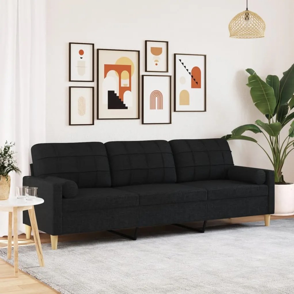 Sofá 3 lugares c/ almofadas decorativas 210 cm tecido preto