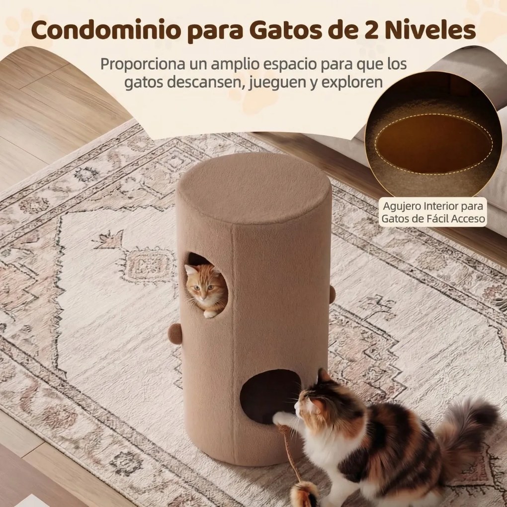 Casa-árvore para gatos de 2 andares em forma de urso castanho 35 x 66 cm (Diâmetro x AL), tapete de sisal para arranhar, caverna escondida, barril, br