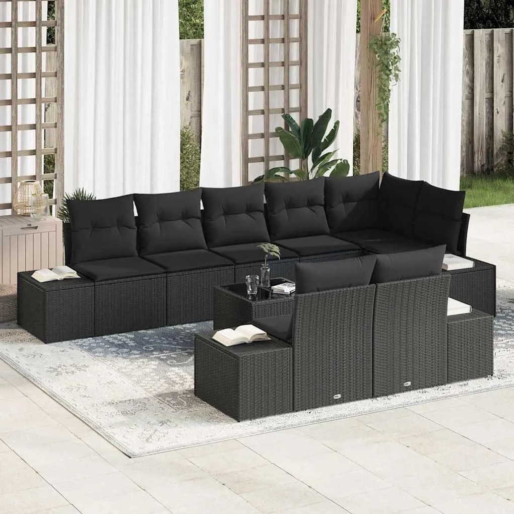 vidaXL Conjunto de Sofá de Jardim com almofada 9 pcs Preto vime PE