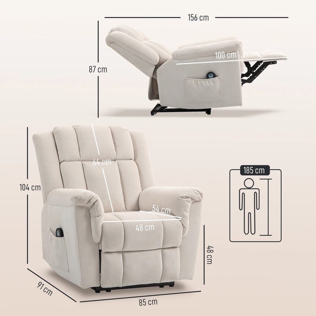 Poltrona relaxante elétrica com massagem e aquecimento, poltrona reclinável, encosto ajustável manualmente, 85 x 91 x 104 cm, bege