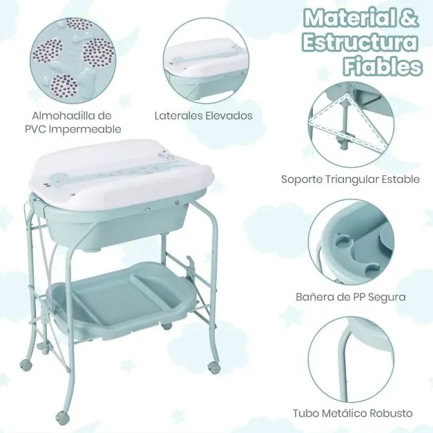Troca-fraldas com banheira, portátil e dobrável, almofada em PVC, bandeja de armazenamento com 4 rodas universais Azul