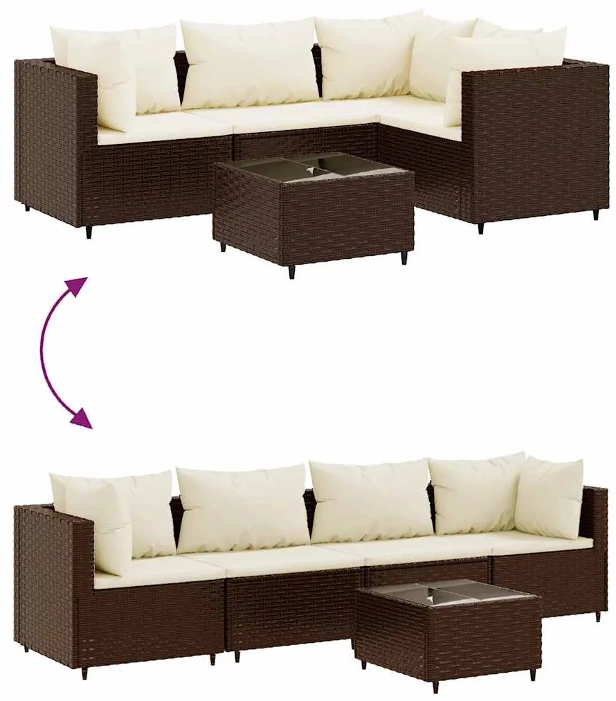 5 pcs conjunto lounge jardim c/ almofadões vime PE castanho