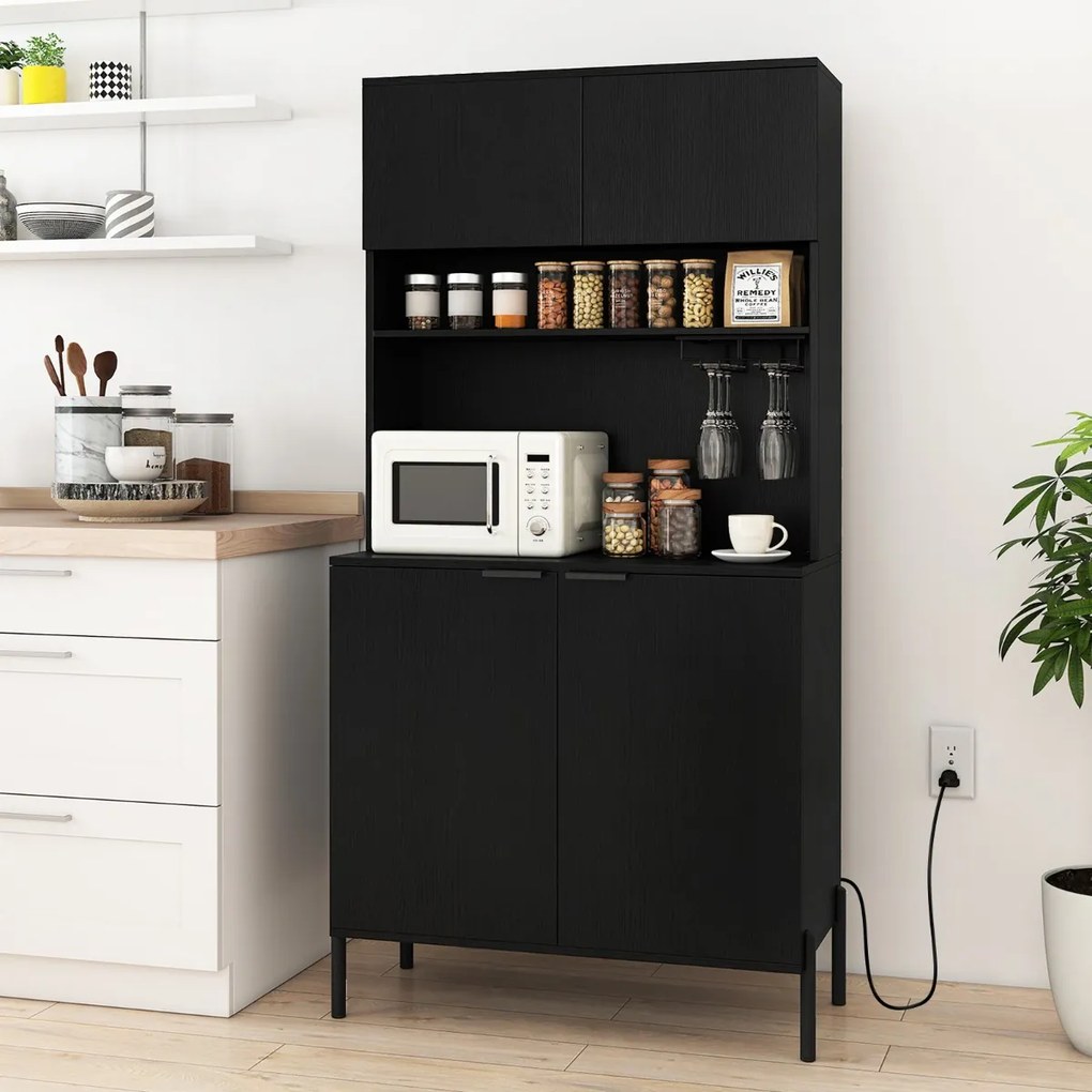 Armário multifuncional para cozinha com estação de carregamento 80 x 40 x 164 cm, garrafeira, portas e prateleira ajustável para sala de jantar e sala