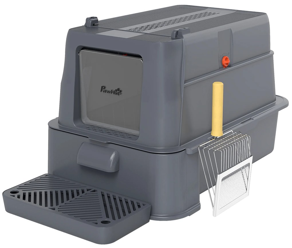 PawHut Caixa de Areia para Gatos de Aço Inoxidável XL com Tampa Articulada 180° Laterais Altas Pedal Pá 63x43x43 cm Cinzento Escuro | Aosom Portugal