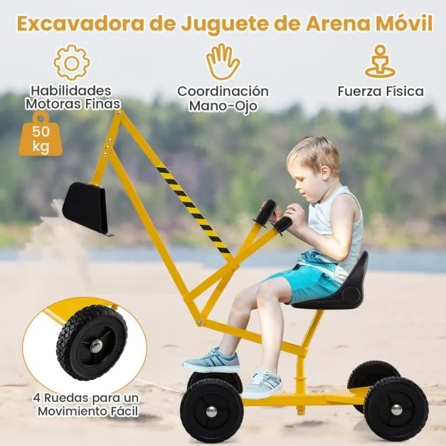 Conjunto de escavadora com controlos de duas mãos e pá flexível, assento giratório, 4 rodas, para crianças 121 x 40 x 64 cm, amarelo
