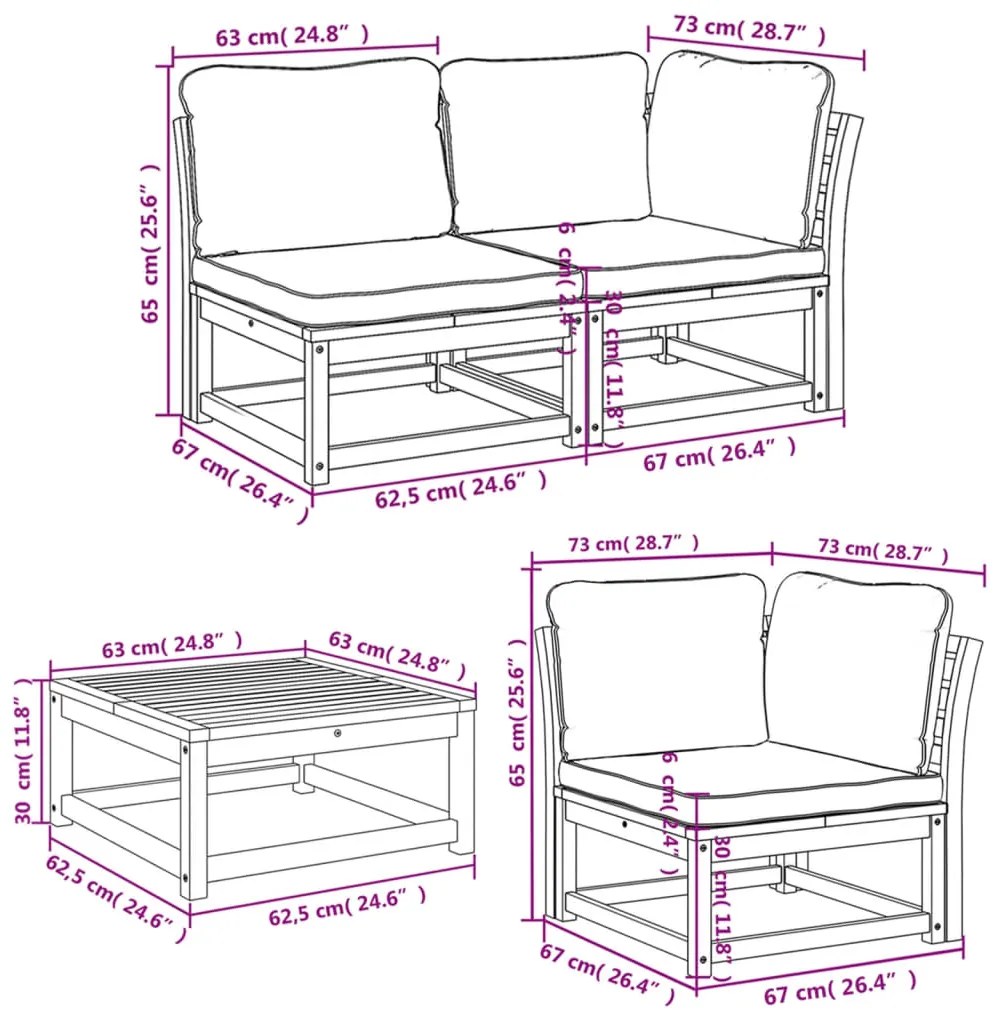 6 pcs conjunto lounge jardim c/almofadões madeira maciça acácia